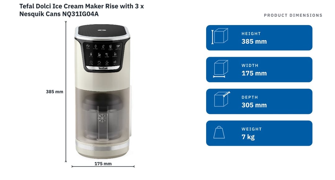 Tefal Dolci Ice Cream Maker Rise with 3 x Nesquik Cans NQ31IG04A — product dimensions