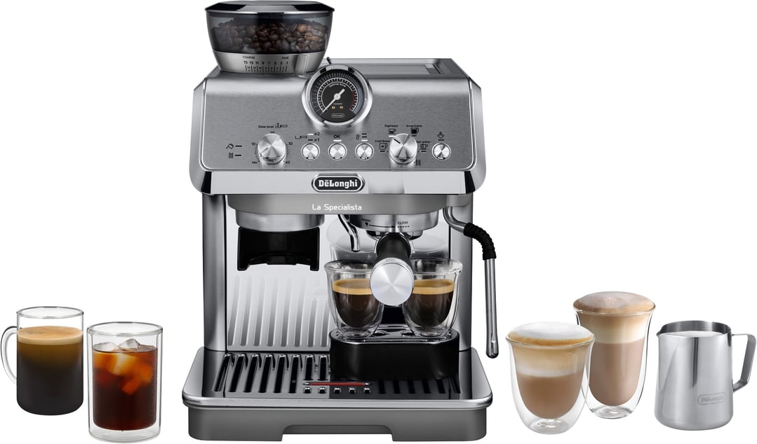 Delonghi coffee machine with various coffee drinks and milk frother on white background