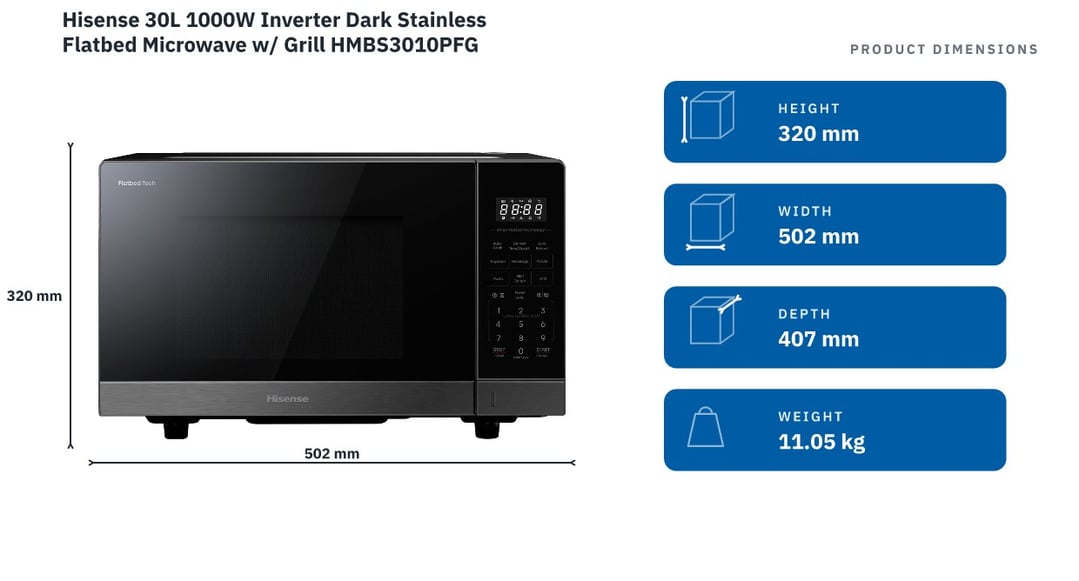 Hisense 30L 1000W Inverter Dark Stainless Flatbed Microwave w/ Grill HMBS3010PFG — product dimensions