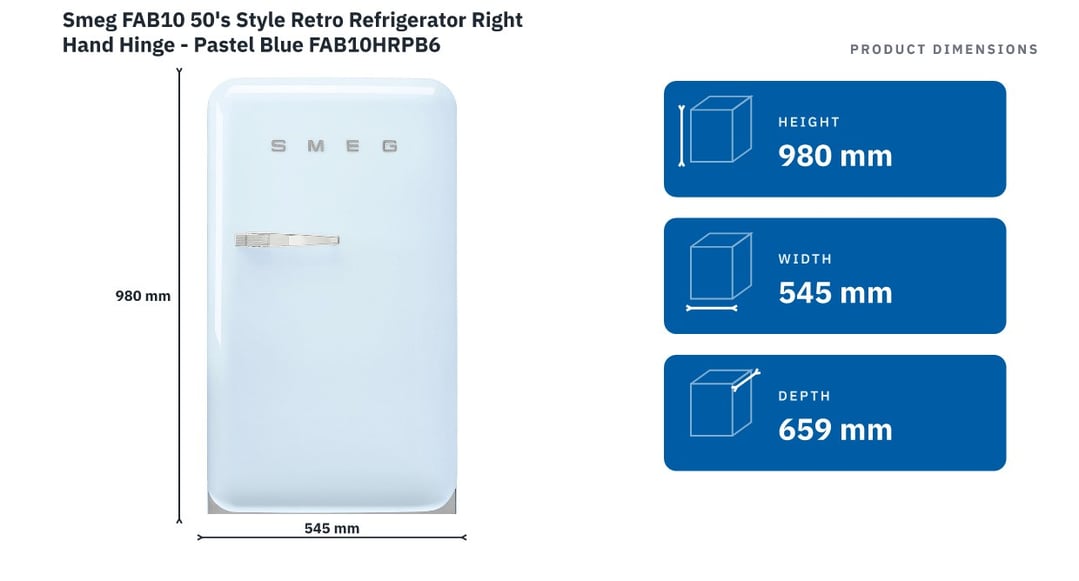 Smeg FAB10 50's Style Retro Refrigerator Right Hand Hinge - Pastel Blue FAB10HRPB6