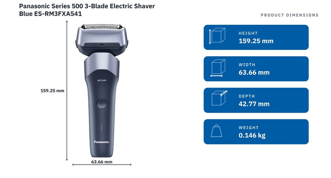 Panasonic Series 500 3-Blade Electric Shaver Blue ES-RM3FXA541 — product dimensions