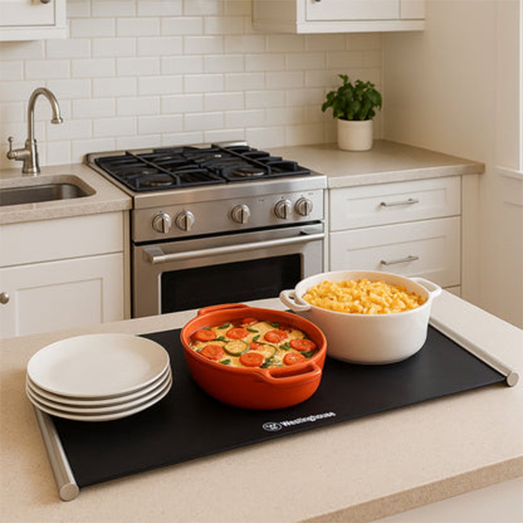 Food warmer on a kitchen counter with two dishes and stacked plates
