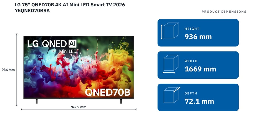 LG 75" QNED70B 4K AI Mini LED Smart TV 2026 75QNED70BSA — product dimensions