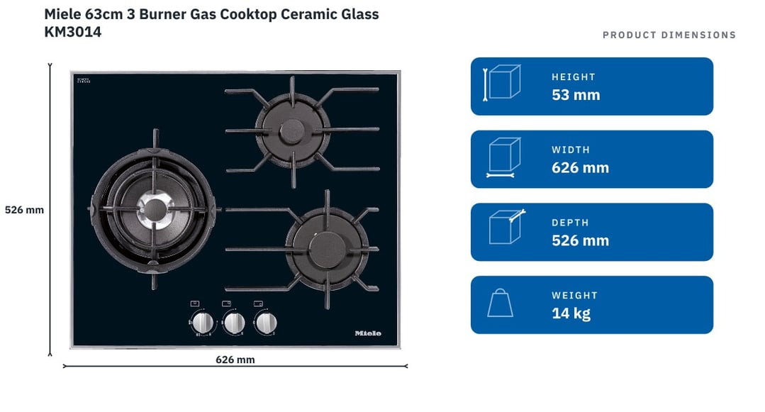 Miele 63cm 3 Burner Gas Cooktop Ceramic Glass KM3014