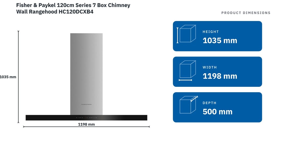 Fisher & Paykel 120cm Series 7 Box Chimney Wall Rangehood HC120DCXB4 — product dimensions