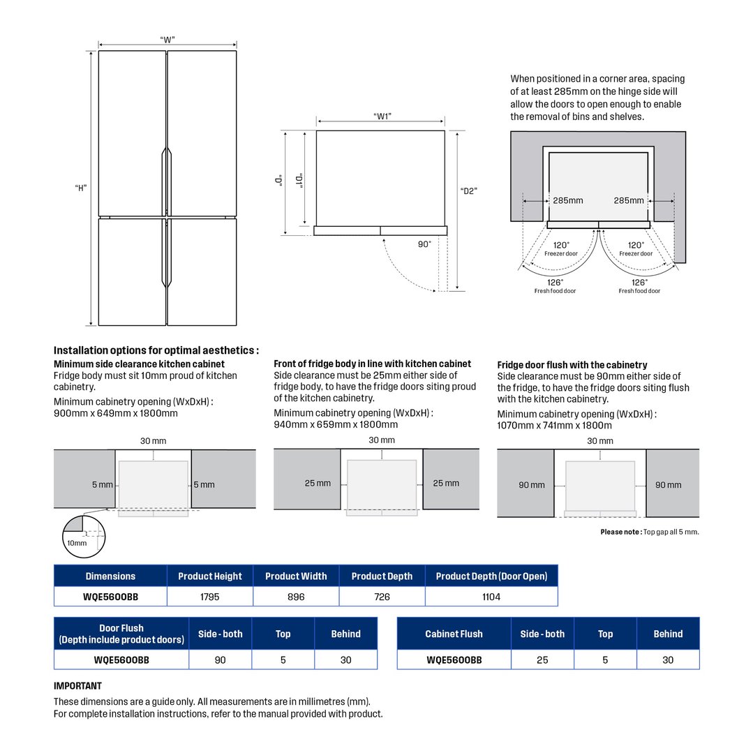 Westinghouse 564L Quad Door Fridge - Matte Charcoal Black WQE5600BB