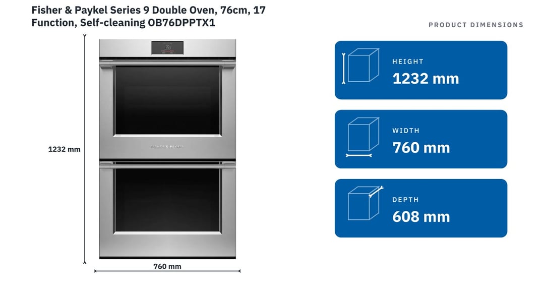 Fisher & Paykel Series 9 Double Oven, 76cm, 17 Function, Self-cleaning OB76DPPTX1 — product dimensions