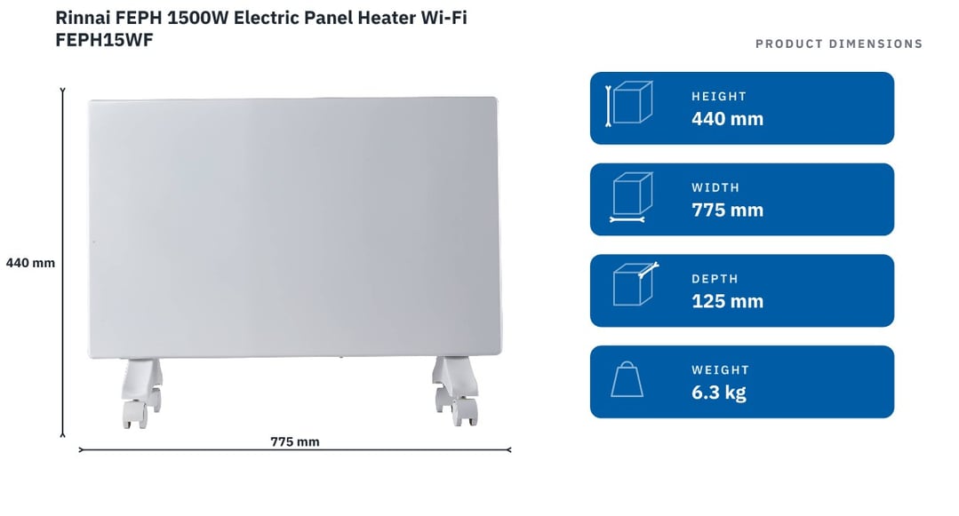 Rinnai FEPH 1500W Electric Panel Heater Wi-Fi FEPH15WF — product dimensions