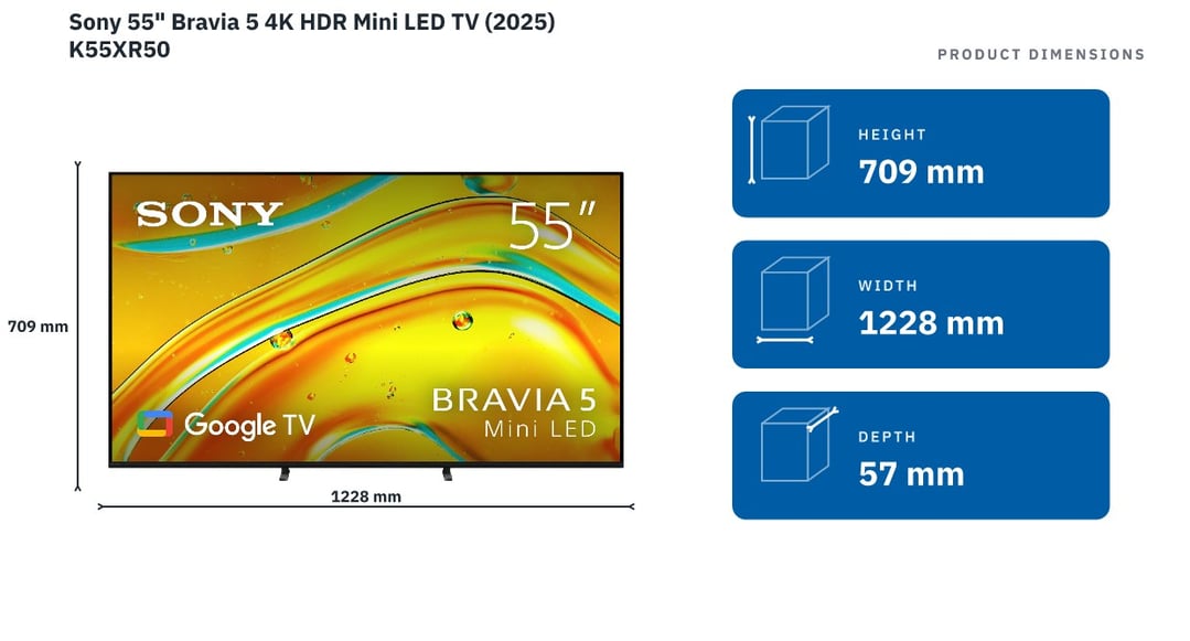 Sony 55" Bravia 5 4K HDR Mini LED TV (2025) K55XR50 — product dimensions