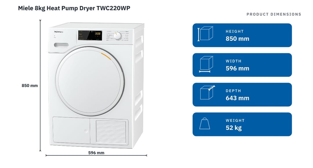 Miele 8kg Heat Pump Dryer TWC220WP — product dimensions