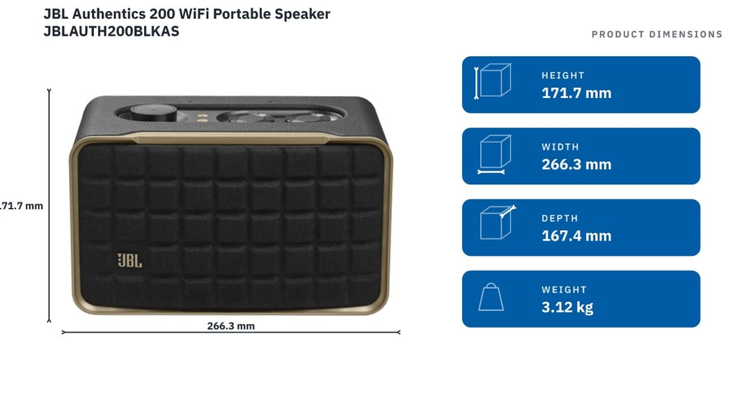 JBL Authentics 200 WiFi Portable Speaker JBLAUTH200BLKAS — product dimensions