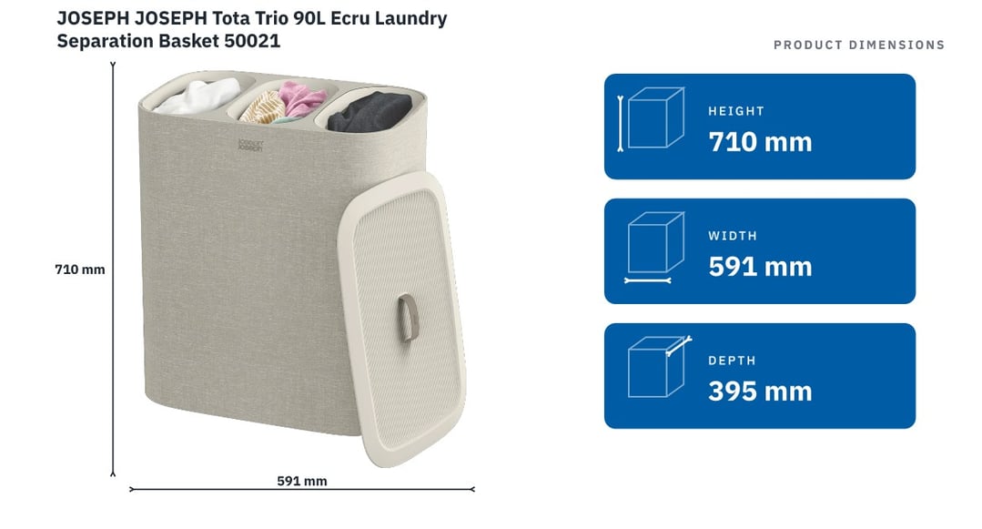 JOSEPH JOSEPH Tota Trio 90L Ecru Laundry Separation Basket 50021 — product dimensions