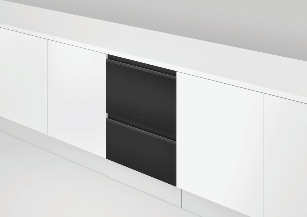 Black Double DishDrawer Dishwasher integrated into white kitchen cabinetry