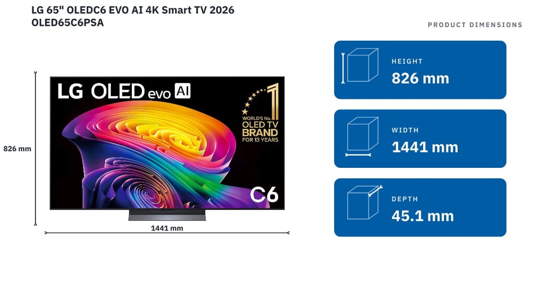 LG 65" OLEDC6 EVO AI 4K Smart TV 2026 OLED65C6PSA — product dimensions
