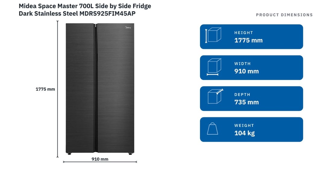 Midea Space Master 700L Side by Side Fridge Dark Stainless Steel MDRS925FIM45AP