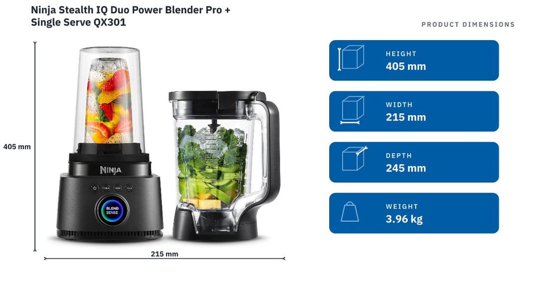 Ninja Stealth IQ Duo Power Blender Pro + Single Serve QX301 — product dimensions