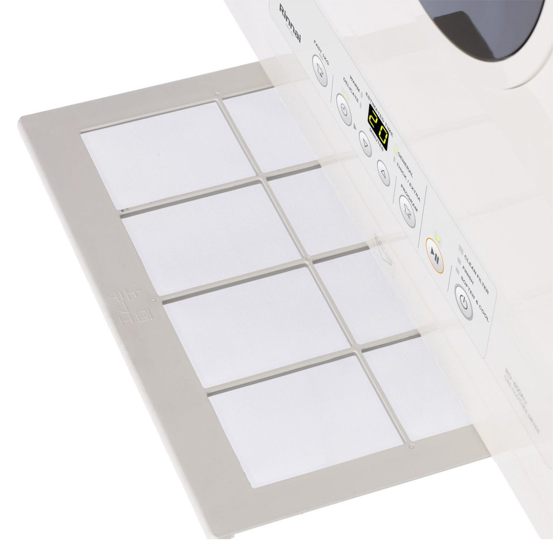 Close up of a dryer's lint filter and control panel with a 20-minute display