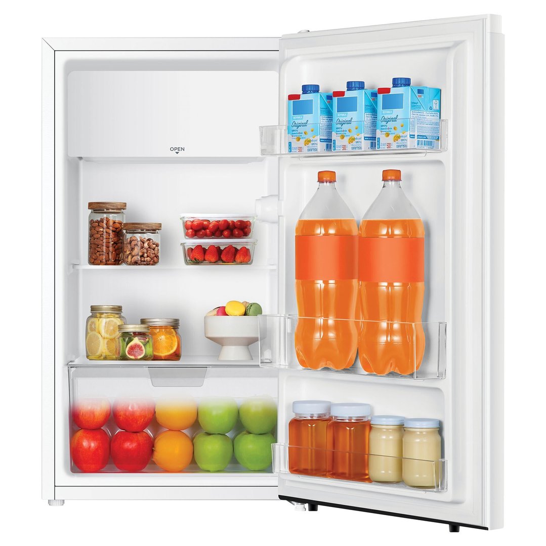 Open white bar fridge filled with food and drinks on shelves