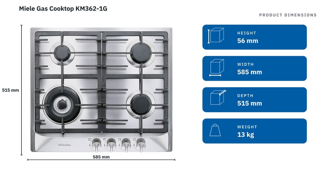 Miele Gas Cooktop KM362-1G — product dimensions