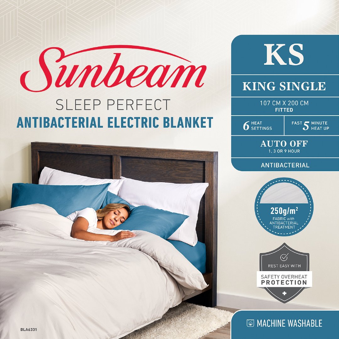Sunbeam Sleep Perfect Antibacterial Electric Blanket King Single BLA6331