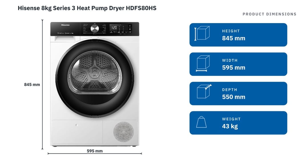 Hisense 8kg Series 3 Heat Pump Dryer HDFS80HS — product dimensions