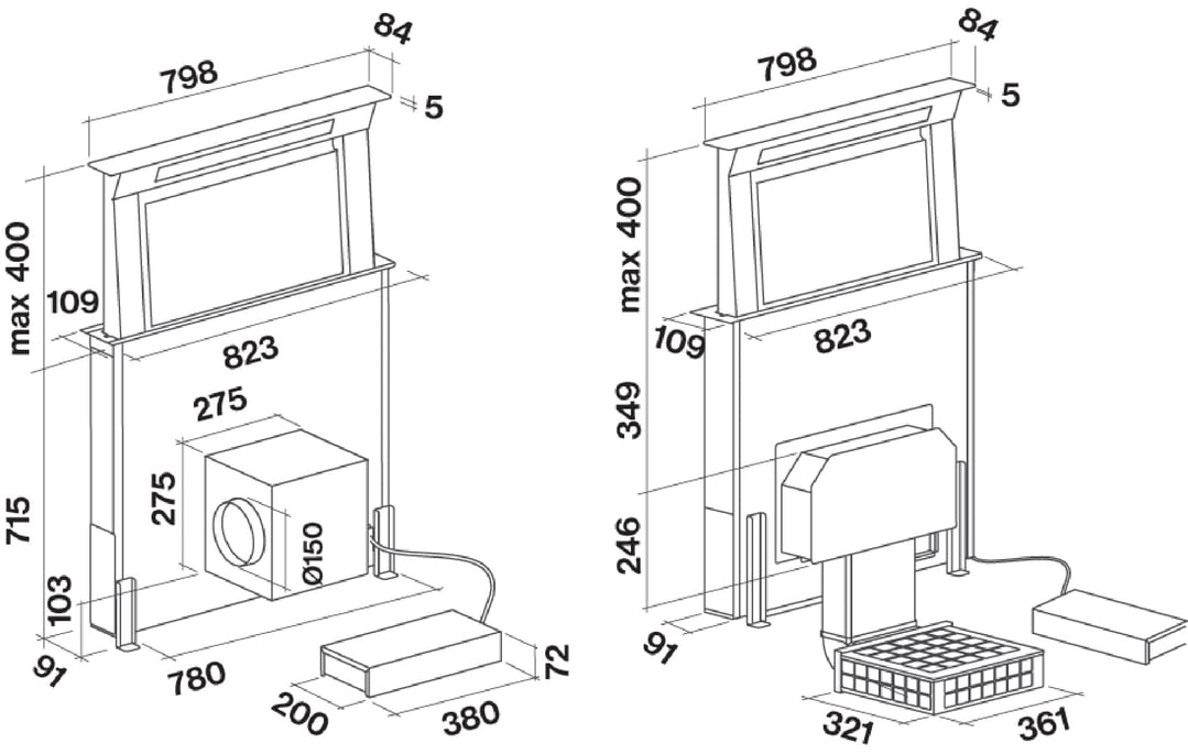 Falmec Downdraft System 90 cm downdraft - re-circulating operation Black Glass F8DD90B1-UC600