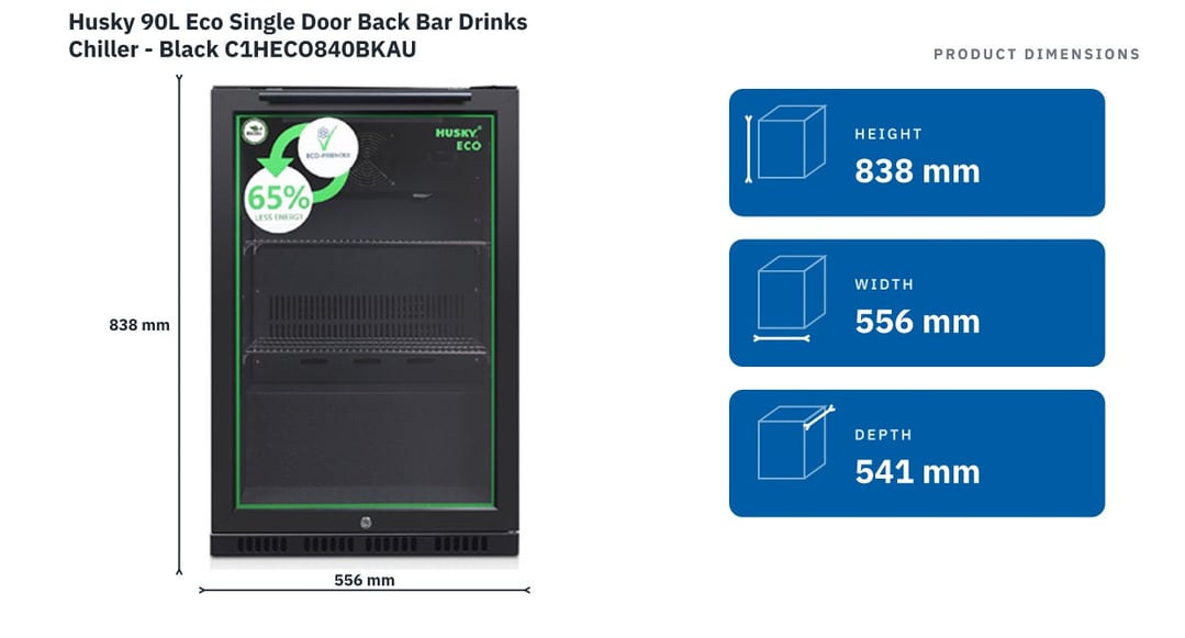 Husky 90L Eco Single Door Back Bar Drinks Chiller - Black C1HECO840BKAU — product dimensions