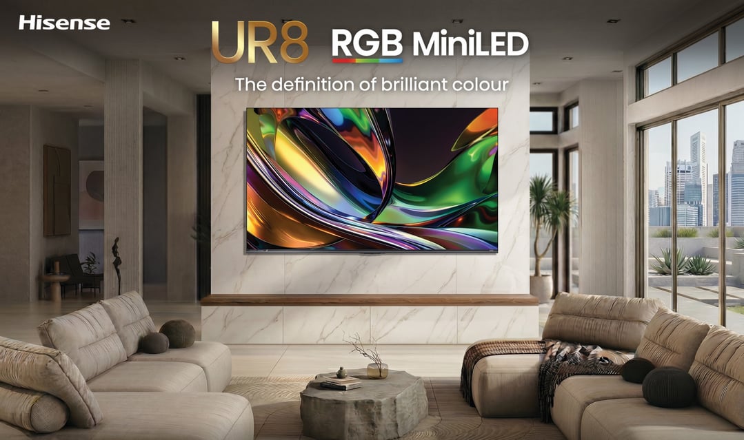 Hisense UR8 RGB MiniLED TV displaying vibrant colours in a modern living room