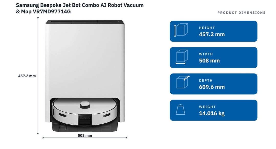 Samsung Bespoke Jet Bot Combo AI Robot Vacuum & Mop VR7MD97714G — product dimensions