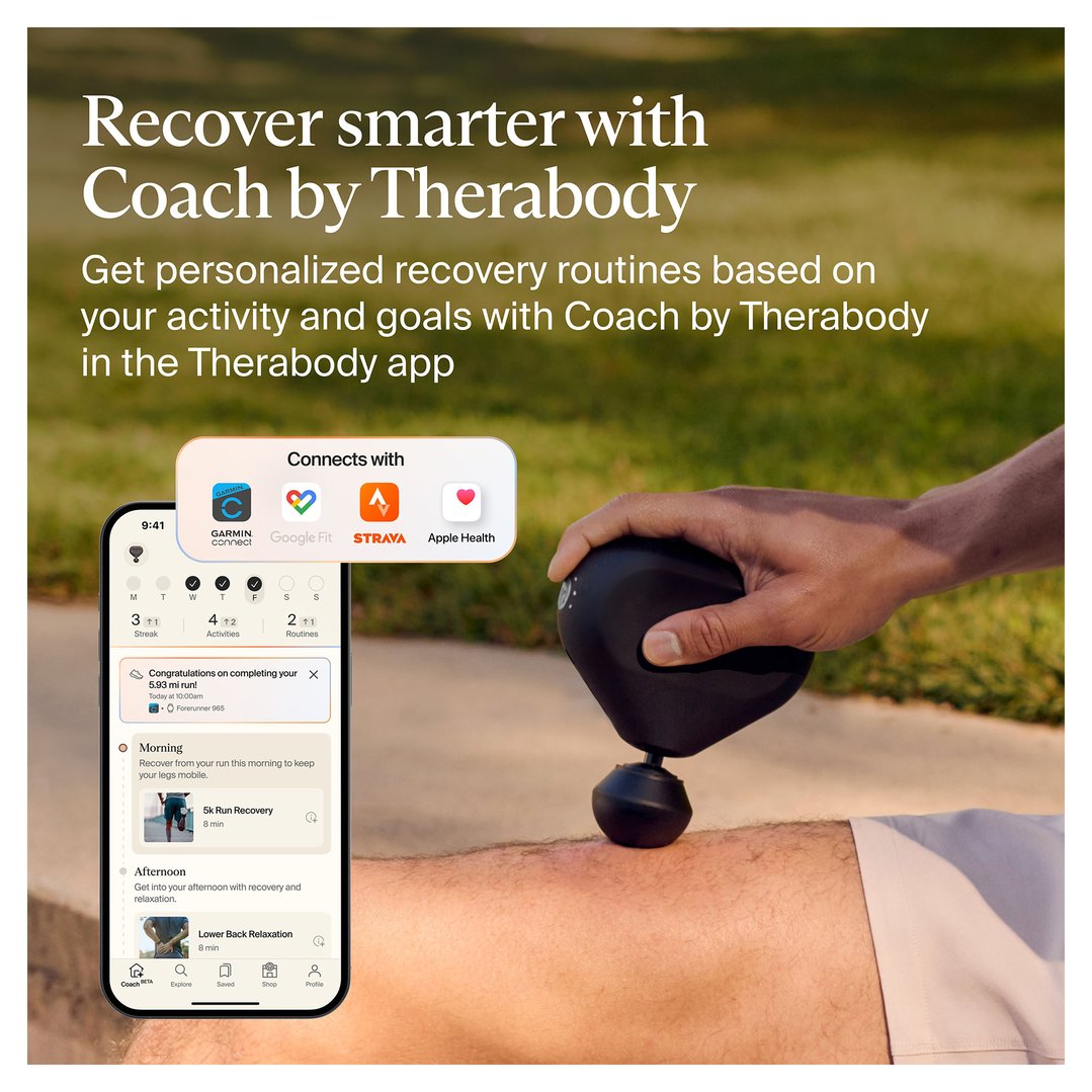 Man using a Theragun Mini massager on his leg, with a phone showing an app