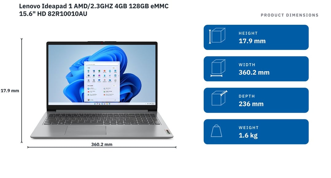 Lenovo Ideapad 1 AMD/2.3GHZ 4GB 128GB eMMC 15.6" HD 82R10010AU