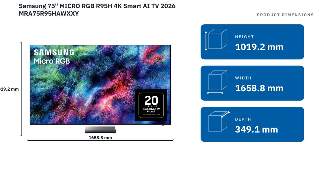 Samsung 75" MICRO RGB R95H 4K Smart AI TV 2026 MRA75R95HAWXXY — product dimensions