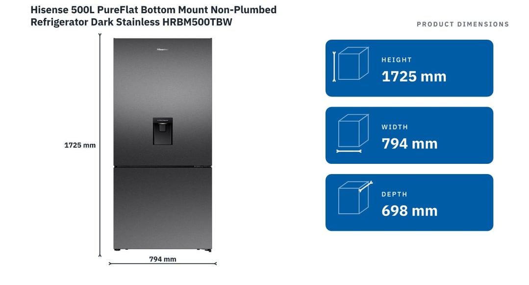 Hisense 500L PureFlat Bottom Mount Non-Plumbed Refrigerator Dark Stainless HRBM500TBW