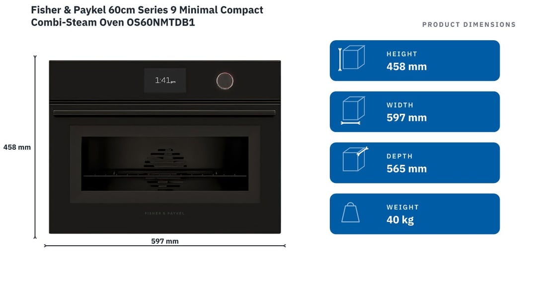 Fisher & Paykel 60cm Series 9 Minimal Compact Combi-Steam Oven OS60NMTDB1 — product dimensions