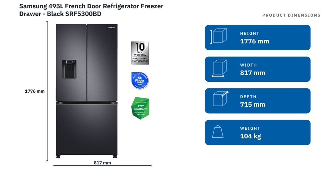 Samsung 495L French Door Refrigerator Freezer Drawer - Black SRF5300BD — product dimensions
