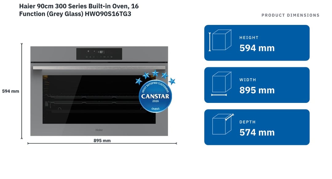 Haier 90cm 300 Series Built-in Oven, 16 Function (Grey Glass) HWO90S16TG3 — product dimensions