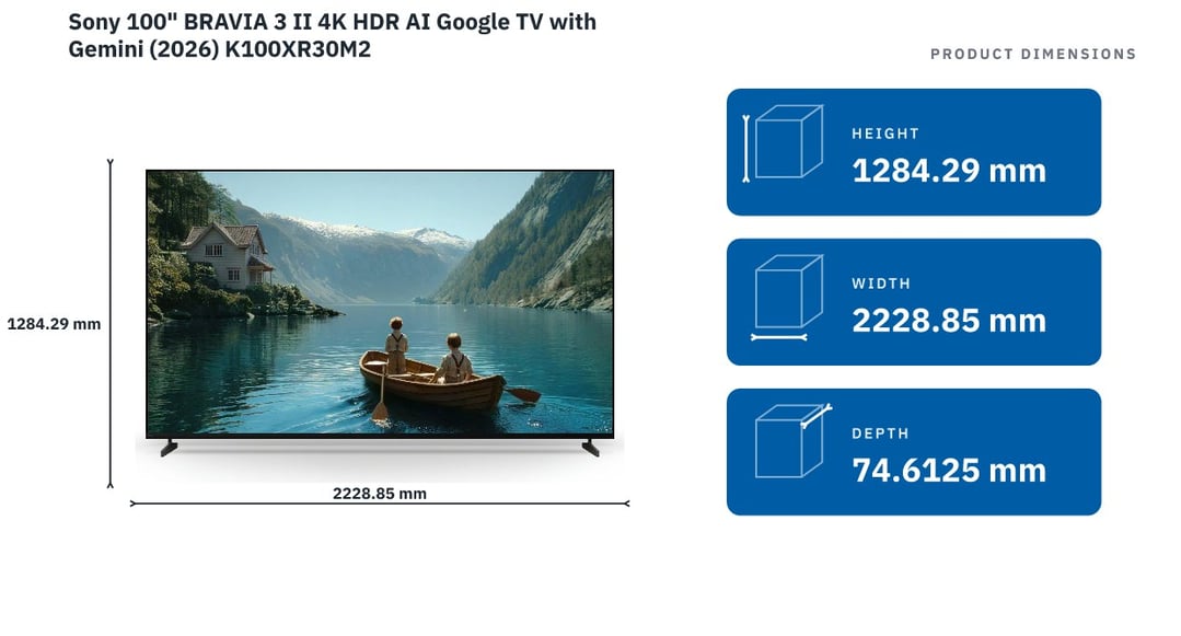 Sony 100" BRAVIA 3 II 4K HDR AI Google TV with Gemini (2026) K100XR30M2 — product dimensions