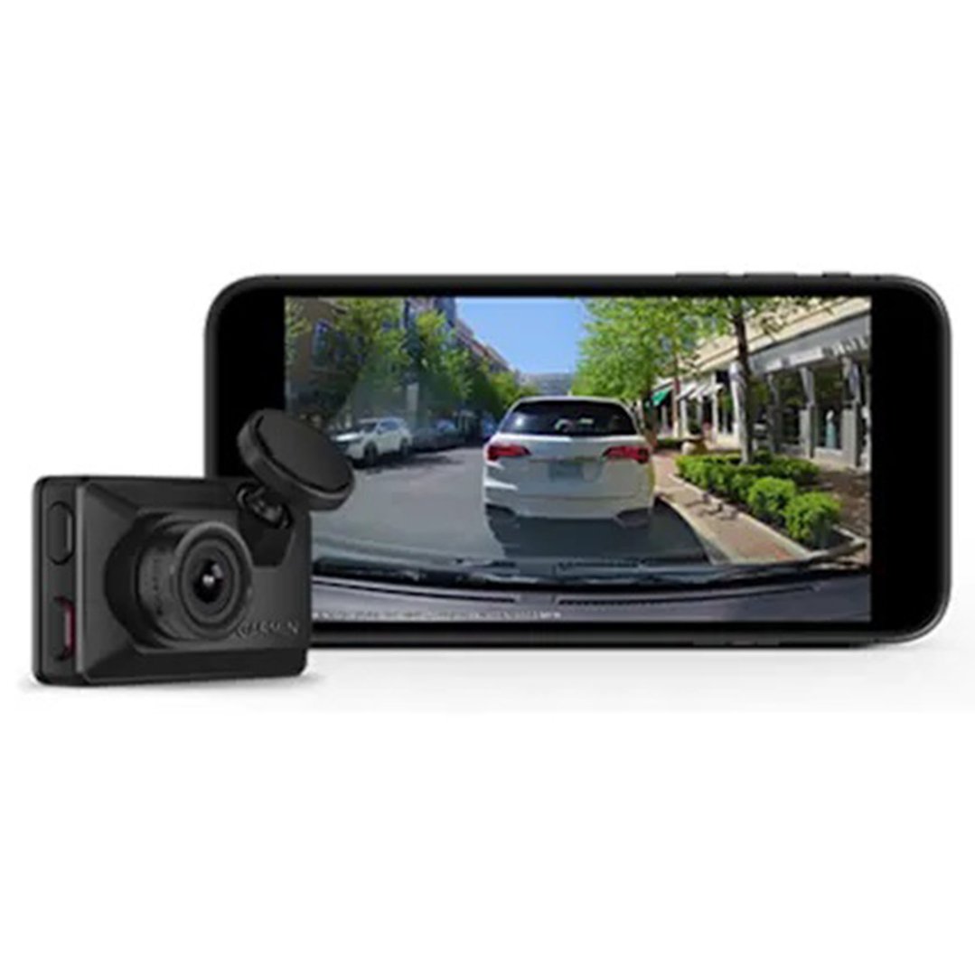 Dash Cam X310 and smartphone displaying a street view from a car