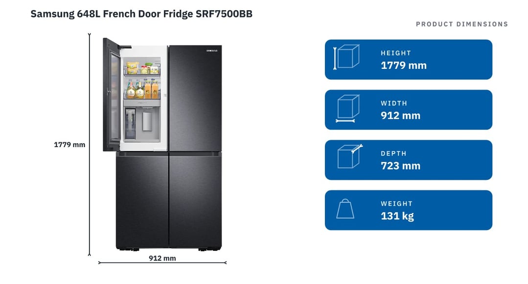Samsung 648L French Door Fridge SRF7500BB — product dimensions