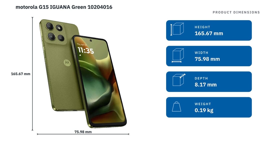 motorola G15 IGUANA Green 10204016 — product dimensions