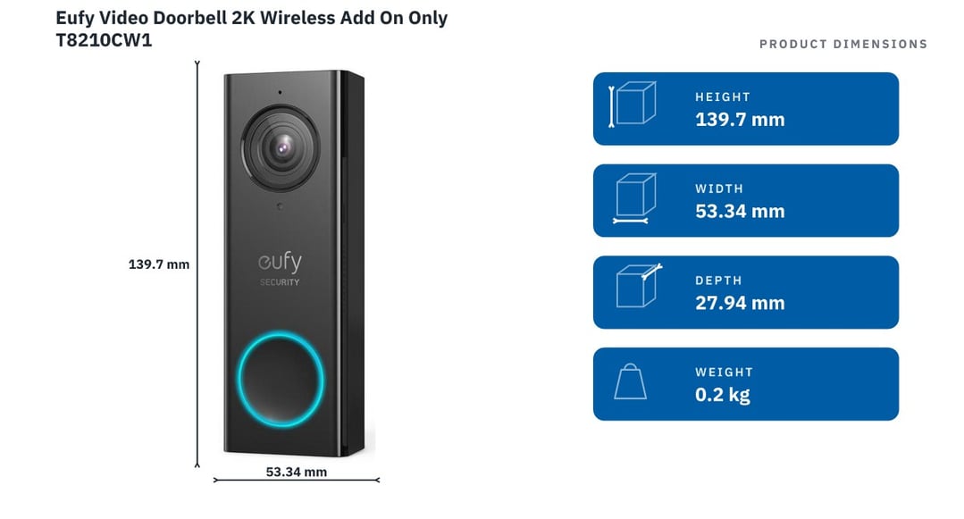 Eufy Video Doorbell 2K Wireless Add On Only T8210CW1 — product dimensions