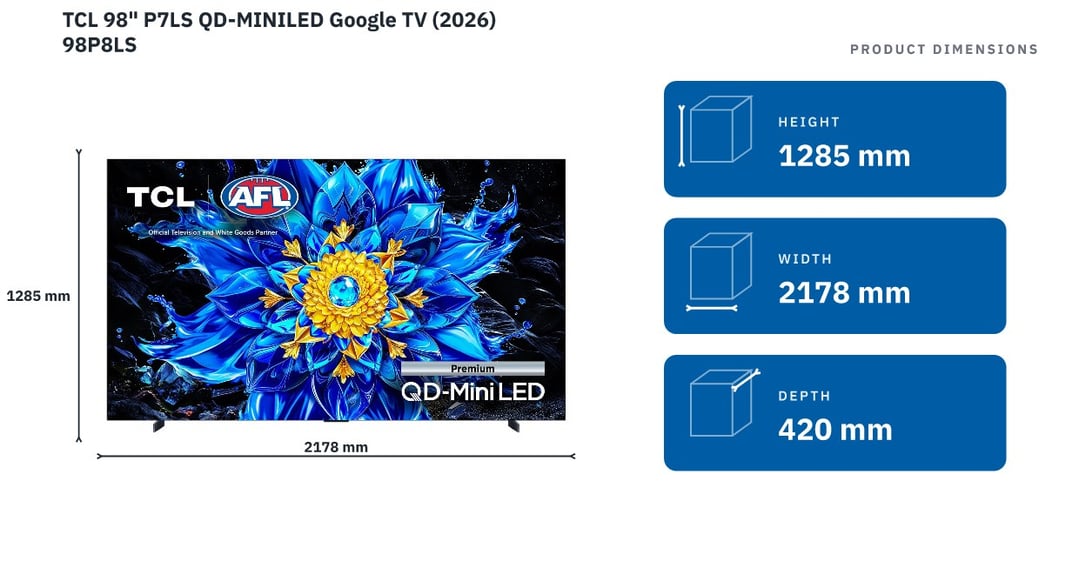 TCL 98" P7LS QD-MINILED Google TV (2026) 98P8LS — product dimensions