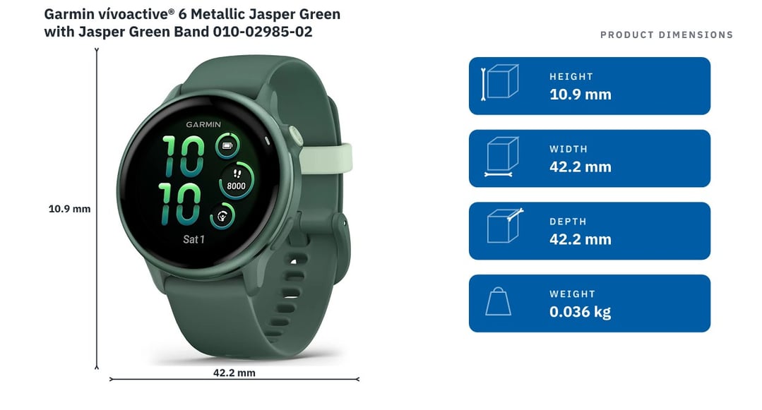 Garmin vívoactive® 6 Metallic Jasper Green with Jasper Green Band 010-02985-02 — product dimensions