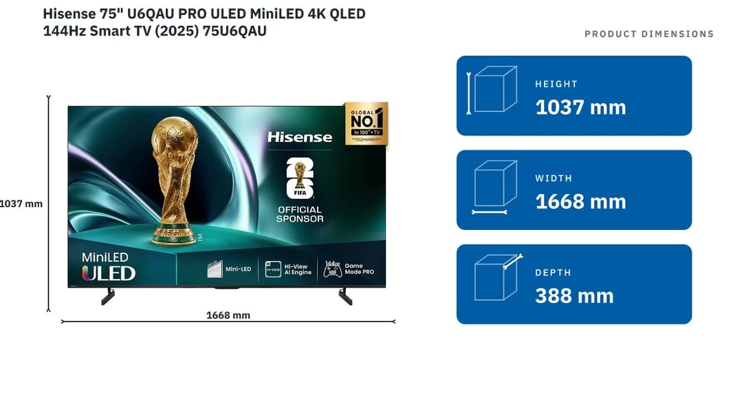 Hisense 75" U6QAU PRO ULED MiniLED 4K QLED 144Hz Smart TV (2025) 75U6QAU