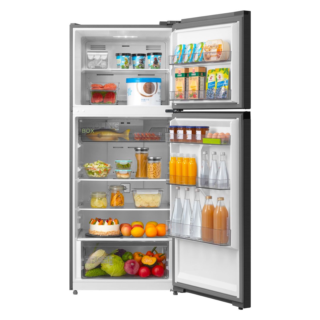 Open top mount fridge filled with various food items and drinks