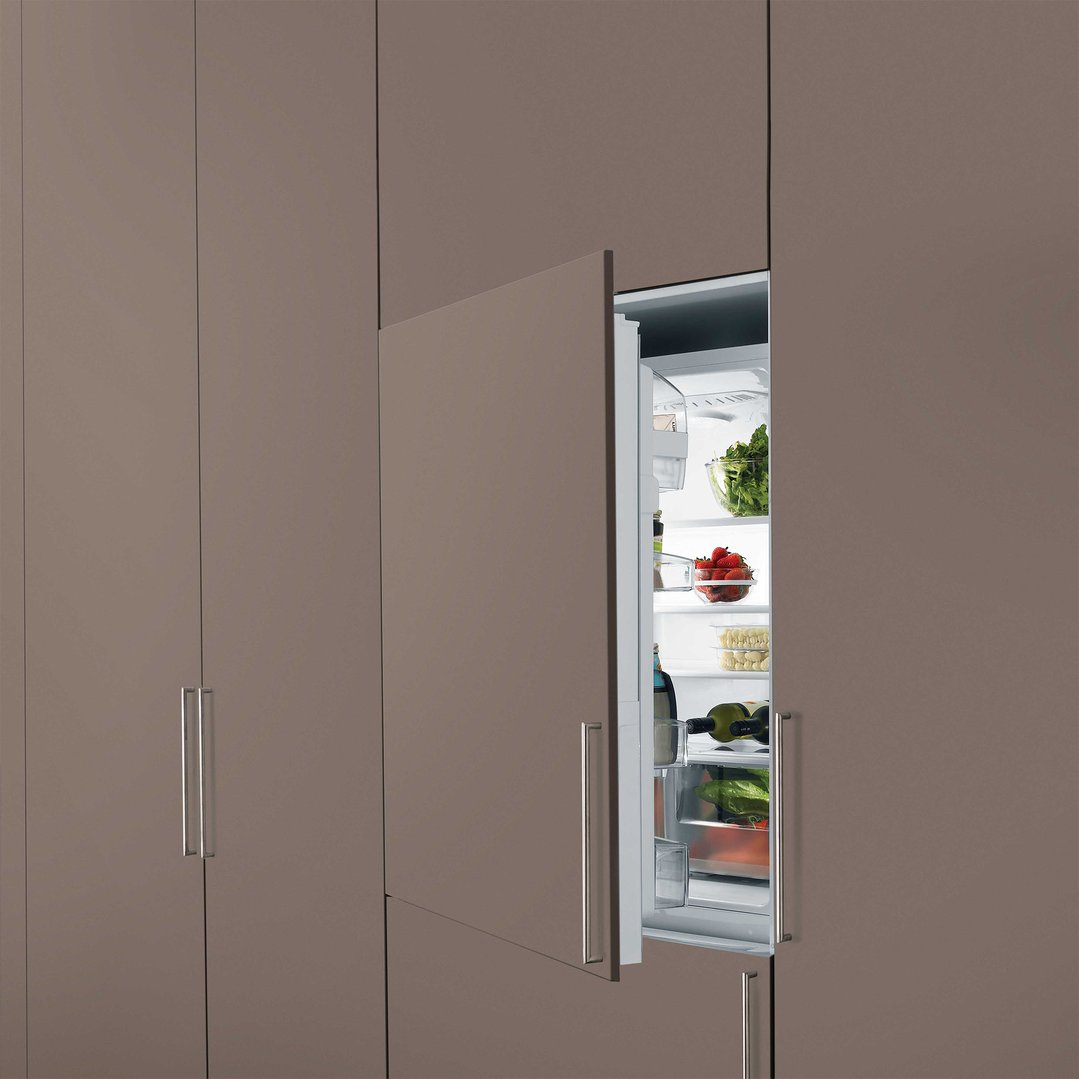 Built-in fridge freezer with an open door revealing food items inside