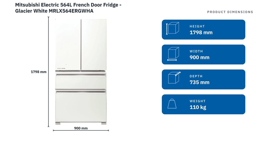 Mitsubishi Electric 564L French Door Fridge - Glacier White MRLX564ERGWHA — product dimensions