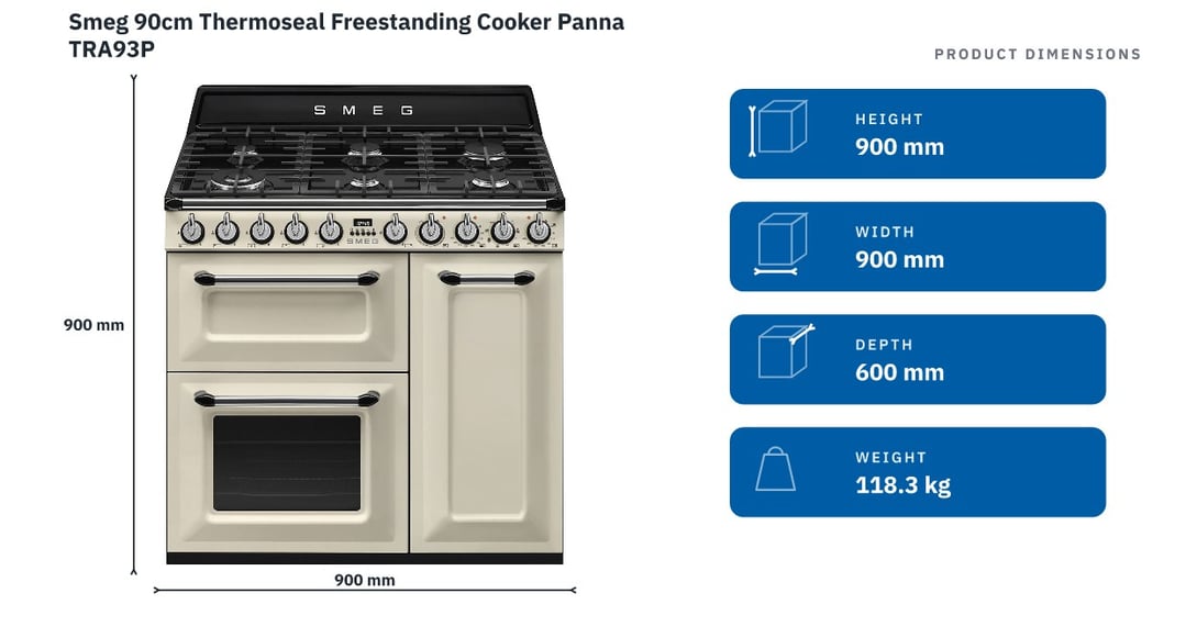 Smeg 90cm Thermoseal Freestanding Cooker Panna TRA93P — product dimensions