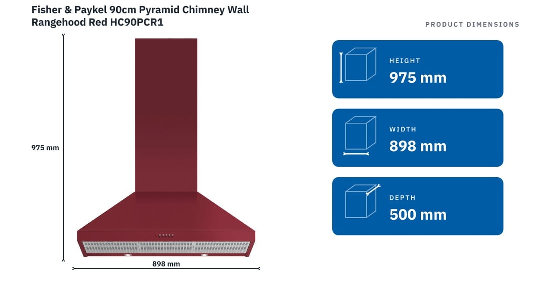 Fisher & Paykel 90cm Pyramid Chimney Wall Rangehood Red HC90PCR1 — product dimensions