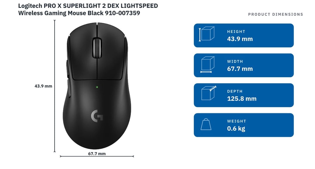 Logitech PRO X SUPERLIGHT 2 DEX LIGHTSPEED Wireless Gaming Mouse Black 910-007359
